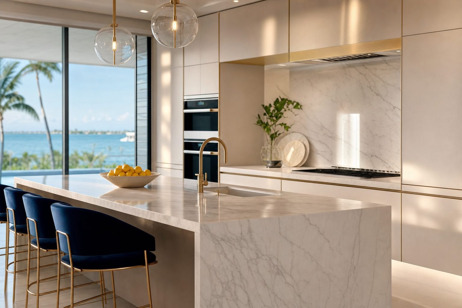 Marble waterfall kitchen island with brass fixtures in a coastal condo