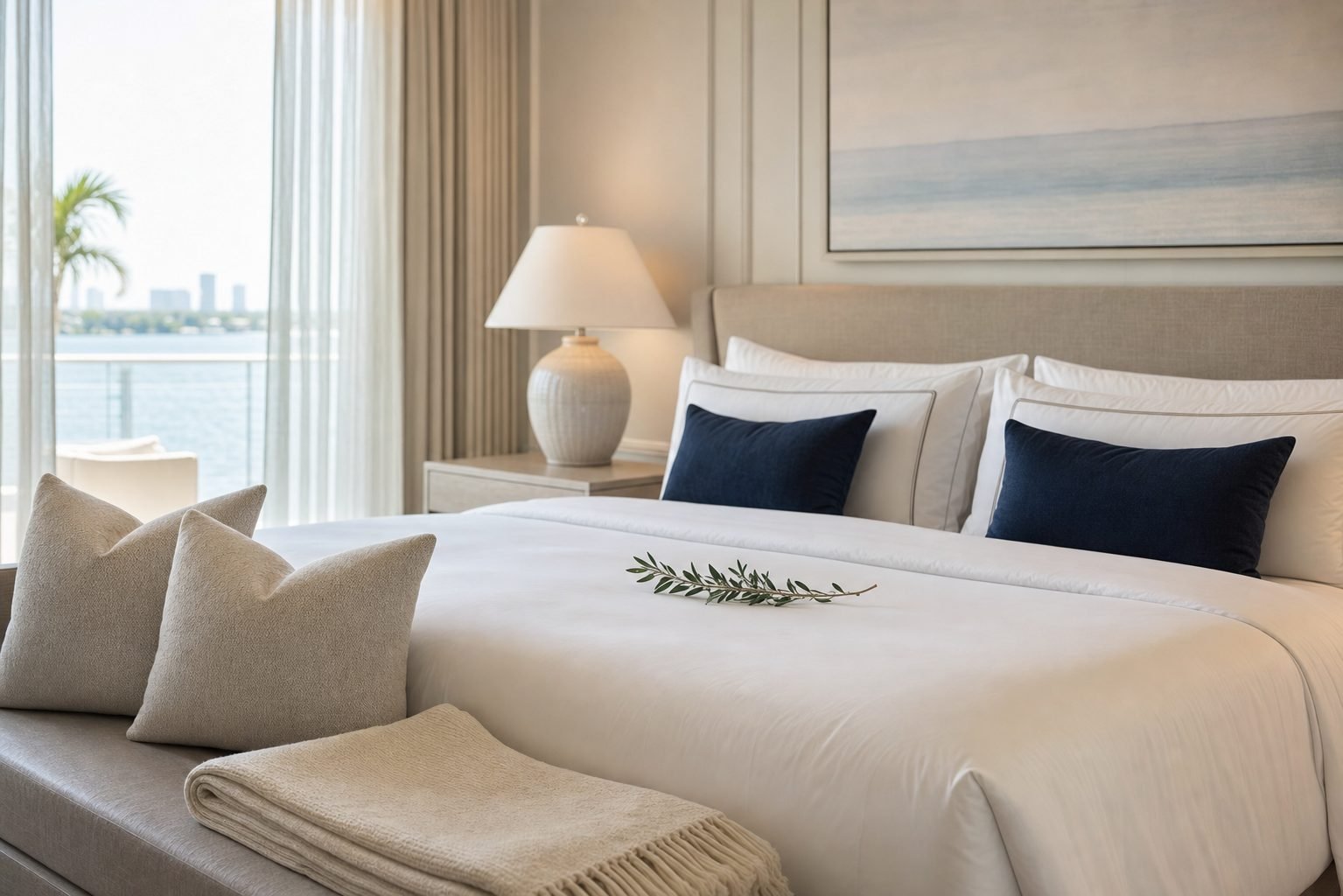 Vacation rental bedroom with crisp fresh linens prepared for guest arrival